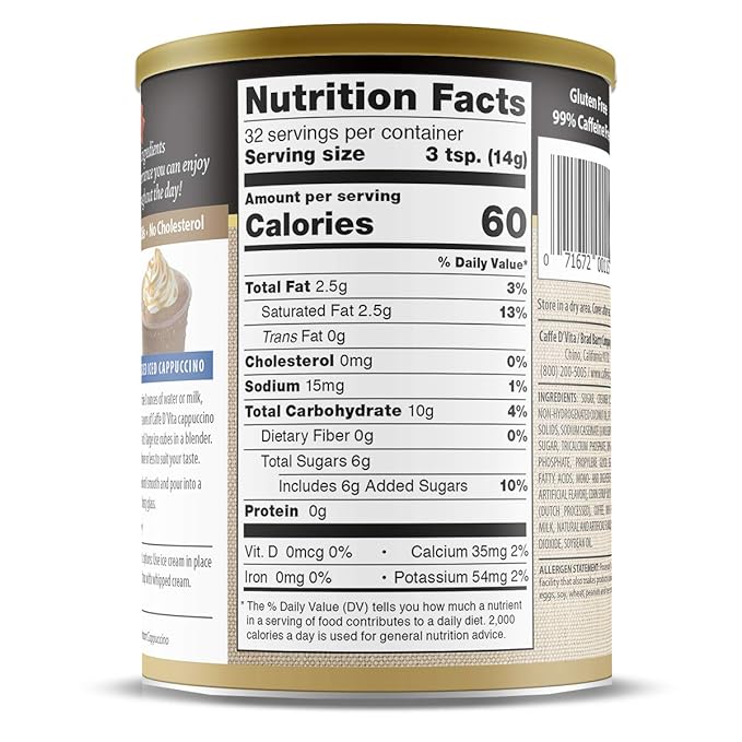 Caffe D'Vita Amaretto Cappuccino Mix - Amaretto Cappuccino Instant Mix, Gluten Free, No Cholesterol, Hydrogenated Oils, or Trans Fat, 99% Caffeine Free - 16 Oz Can, 6-Pack