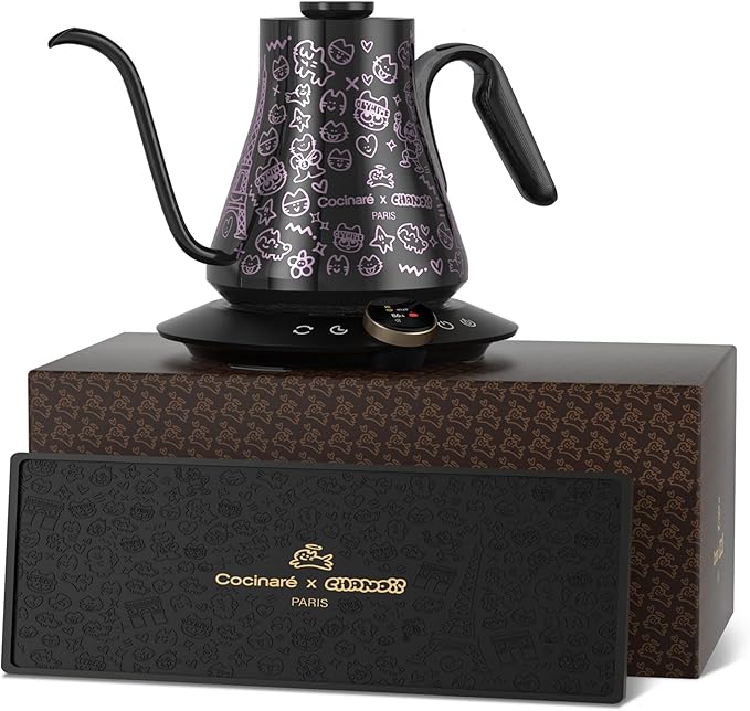 Cocinare Collab Collection Chanior Black Gooseneck Electric Kettle, ±0.5℉ Precise Temperature Control for Pour-Over Coffee & Tea, Quick Heating 1500W, Stainless Steel Interior, 0.9L