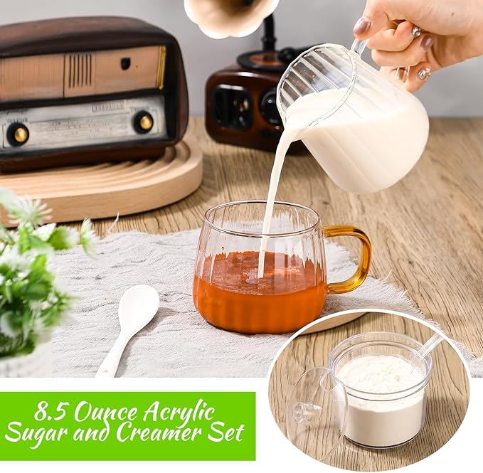 Baderke 3 Pcs Sugar and Creamer Set, 8.5 Ounce Acrylic Cream Pitcher, Glass Sugar Bowl with Lid and Spoon, Cream and Sugars Set, Coffee Serving Sets Wedding Gift