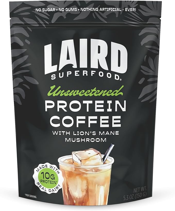 Laird Superfood Protein Coffee Powder - Unsweetened Whey Protein, Instant Coffee Mix with Lion’s Mane - 10G Protein, 140mg Caffeine, 0g Sugar