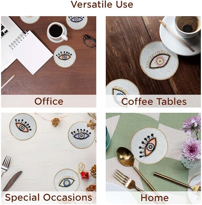 Folkulture Hand-Crafted Evil Eye 2.0 Beaded Coasters Set of 4 | Handmade Boho Drink Coasters for Coffee Table & Bar | Decorative Round Bead Coasters for Cocktails & Wine | New Year & Valentine Gift