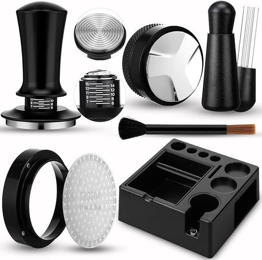 7pcs Espresso Accessories Kit 51/58/53mm Tamping Station Machine Accessories Spring Loaded Calibrated Tamper Wdt Espresso Tool and Dosing Funnel Set Distributor and Tamper Leveler(58mm)