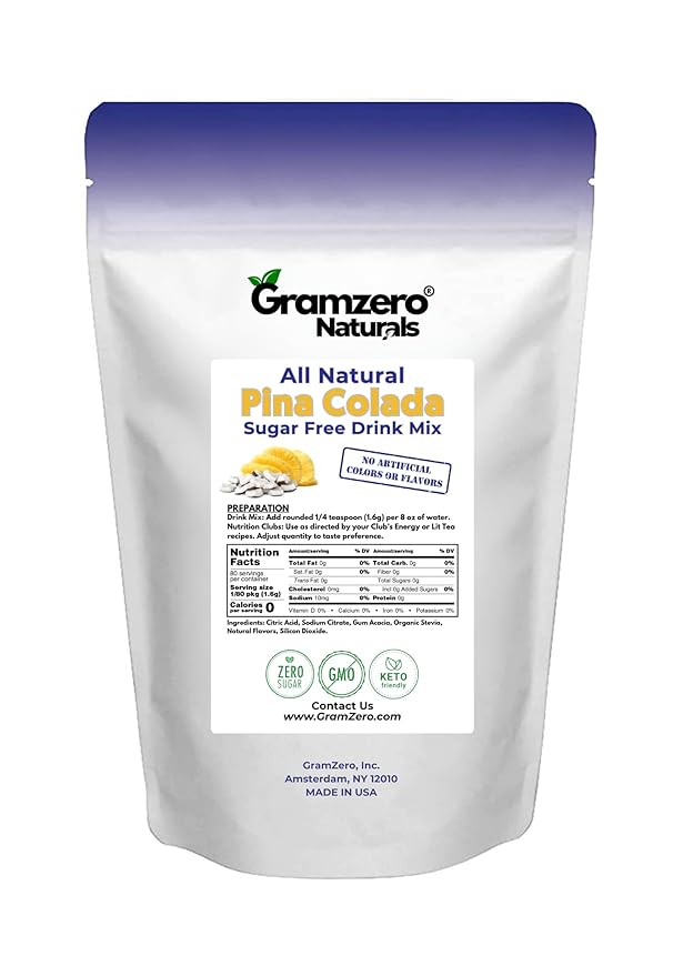 GramZero All Natural Pina Colada Zero Calorie Sugar Free Drink Mix, Great For Nutrition Club Loaded Tea, Stevia Sweetened