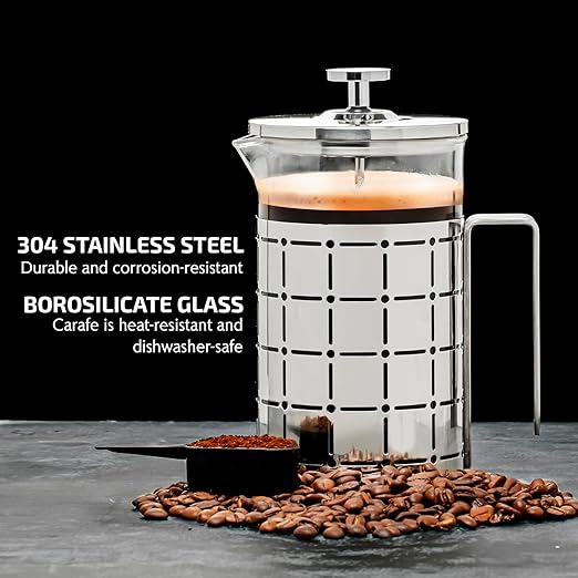 OVENTE French Press Coffee Maker 27 Ounce with Heat Resistant Borosilicate Glass, Stainless Steel Design and 4-Level Filter System, Portable Cold Brewer Pot for Travel, Camping or Gift, Silver FSS27P