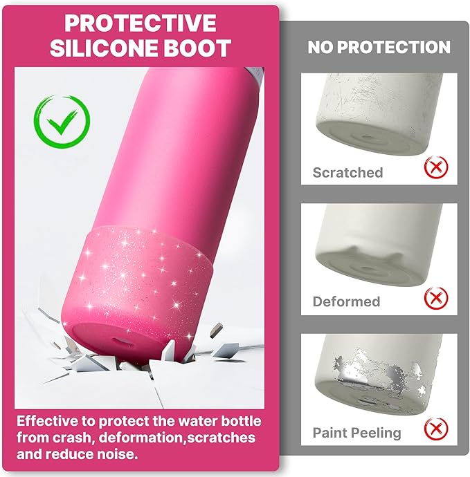 Silicone Water Bottle Boot for Owala 40 oz, Anti-Slip Protective Sleeve for Owala Twist & FreeSip & Flip Stainless Steel Water Bottle, Boot Bottom Base (Glitter Rose Red)