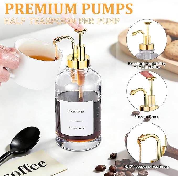 Coffee Syrup Dispenser, Coffee Bar Accessories 16.9 oz 500 ml - 2 Pack Glass Bottles with Pumps and Labels for Cafe or Home Bar, Kitchen(Gold Pump)