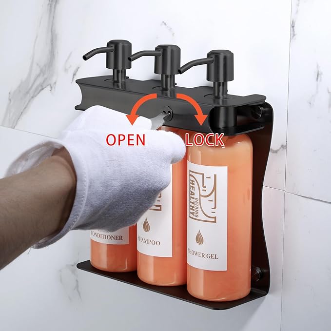Black Shampoo, Conditioner, Shower Gel Dispenser 3 Room refillable Shampoo and Conditioner Pump Bottle Wall-Mounted Slot Shower soap Dispenser (KCHS-3)
