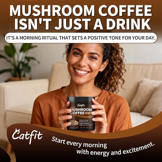 Catfit Instant Mushroom Coffee Powder, 10-in-1 Adaptogen Blend with Lion's Mane, Chaga & Cordyceps for Energy, Focus, Gut Health & Immune Support - 320g, 100 Servings