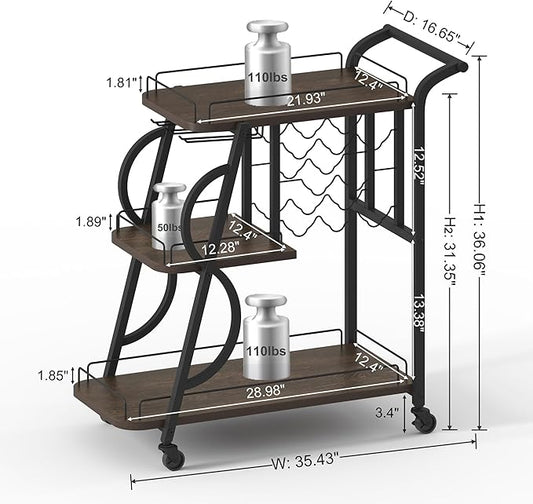 Rustic Bar Cart, 3 Tier Rolling Bar Carts for The Home, Industrial Home Serving Cart with Wine Glass Holder, Wood Metal Liquor Trolley, Mobile Beverage and Drink Carts (Walnut Brown)