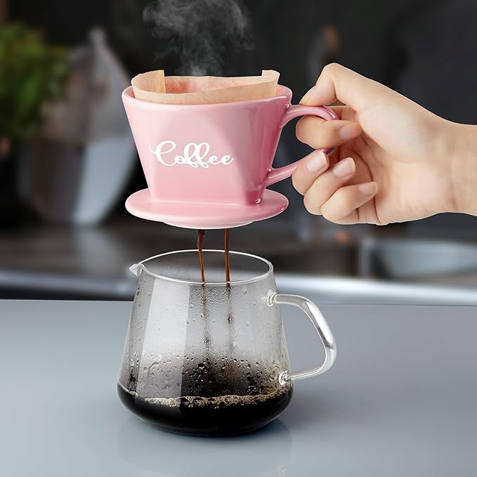 Pour Over Coffee Maker, Ceramic Pour Over Coffee Dripper, Manual Brew Maker, Pink Kitchen Decor and Accessories, Single Cup Porcelain Slow Brewing Accessories for Cafe Coffee Bar