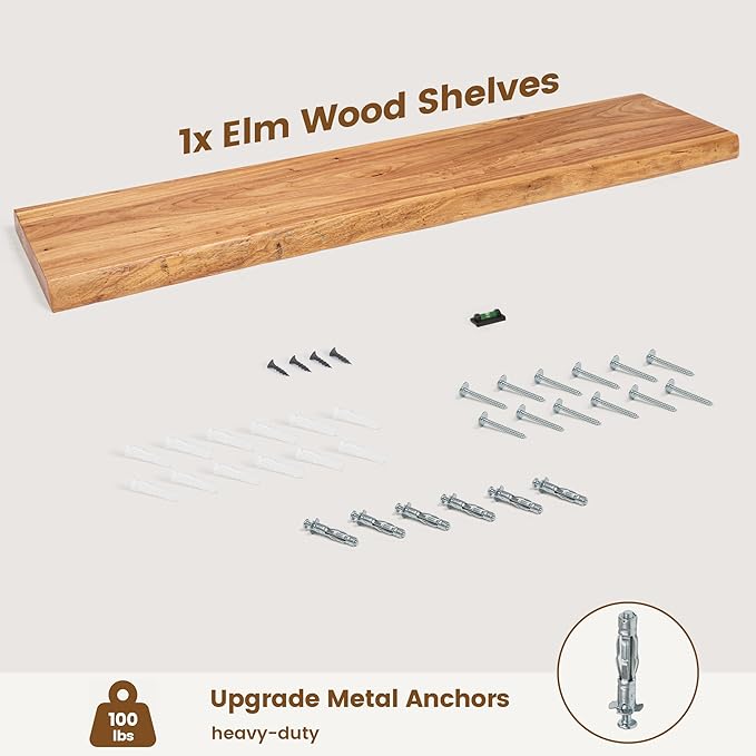 Reclaimed Elm Wood Floating Shelf for Wall, Live Edge 48"W x 9.2"D x 1.4"H, 1 Pack with Invisible Bracket, Large Wall Mounted Shelf for Living Room Bedroom Kitchen Bathroom Decor, Natural Finish
