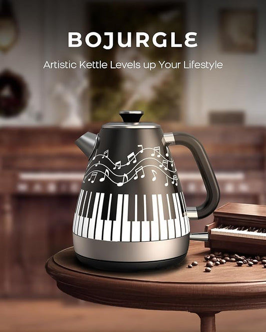 Electric Kettle with Piano & Musical Notes Design, 1.7L Stainless Steel Interior, 1200W Fast Water Boiler for Tea & Coffee, Cordless with Auto Shut-Off, Unique Musician Gift & Kitchen Decor
