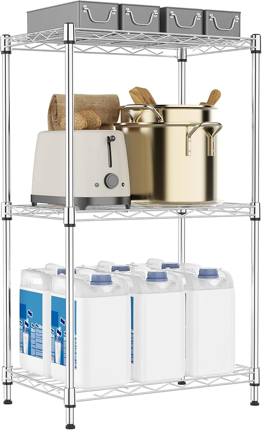 M MZG 3 Tiers Shelf Metal Storage Shelves Wire Rack Closet Organizers with Wheel for Garage Kitchen Bathroom Laundry Chrome 11.8" D x 17.7" W x 28.8" H