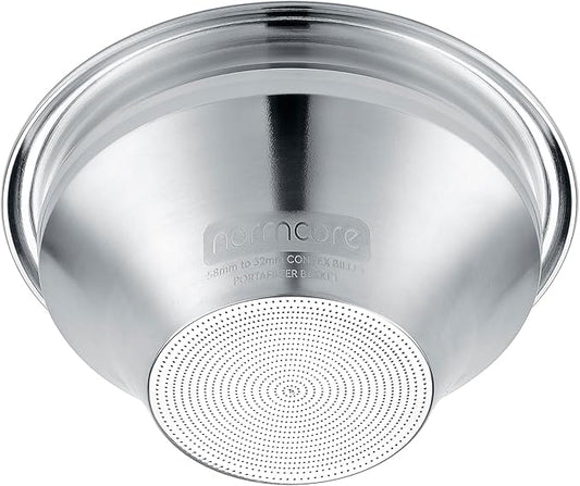 Normcore 58mm Convex Billet Portafilter Basket Kit, Convex Espresso Basket with CNC-Machined Variable Internal Geometry, 58mm to 32mm, 0.28mm Precision Holes, Includes Puck Screen & 200 Paper Filters