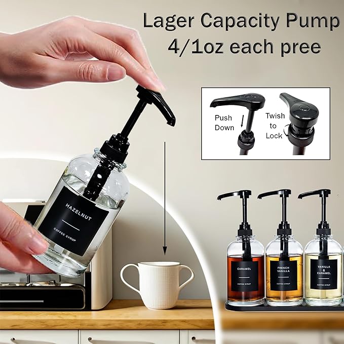 Coffee Syrup Pump Dispenser - Glass Bottle with 1/4 oz Large Capacity Pump, Coffee Bar Organizer Black, 16.9oz