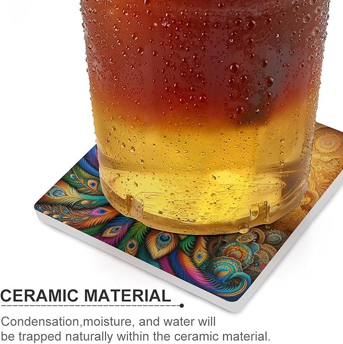 Square-6PCS Peacock Drink Coasters, Square Modern Ceramic Absorbent Coasters, Beautiful Colorful Floral Peacock Boho Art Pattren Decor Desk Coffee Table Coaster for Beverage Cup Tea Coasters