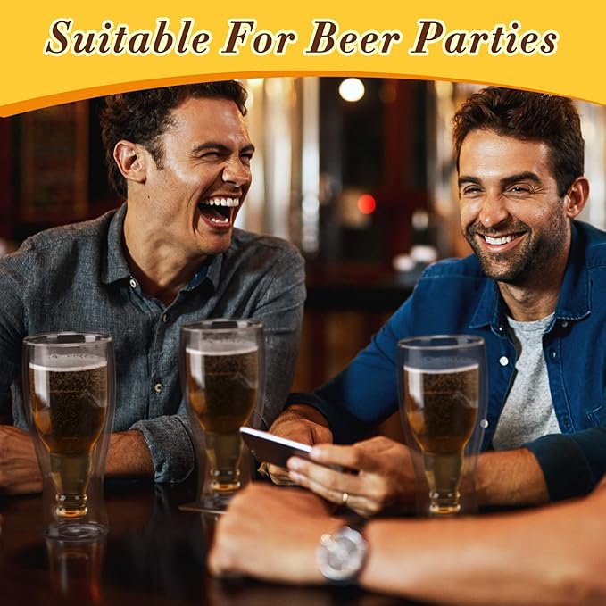 Meanplan 6 Pcs 15.5 oz Double Wall Insulated Beer Glass Clear Pub Mug Birthday Gifts for Him Men Dad Guys Insulated Borosilicate Freezable Upside Down Design Beer Glasses Cup for Drinking Lovers Bar