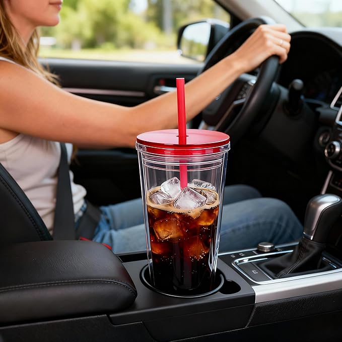 24oz Tumbler with Lid and Straw, Leak Proof and Double Wall Insulated Reusable Plastic Cups,Travel Reusable Iced Coffee Cup (1, Red)