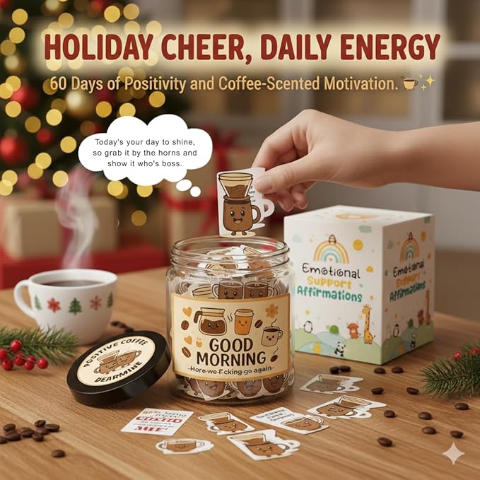 Positive Coffee Jar with 60 Affirmation Cards, Coffee Gifts For Women and Men, Dad, Mom, Coffee Themed Lover Gift, Emotional Support Latte, Cheer Up Funny Gag Gifts for Best Friends, Coworkers
