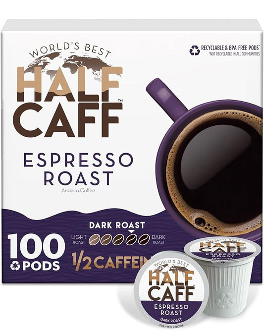 World's Best Half Caff Espresso Roast Coffee Pods, 100 ct, Dark Roast in Recyclable Single Serve Pods – 100% Arabica Coffee, Compatible with Keurig K Cups Maker