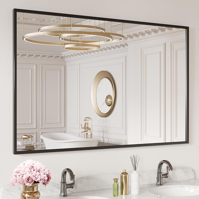 LOAAO 48"X30" Black Rectangle Bathroom Mirror Wall, Matte Black Aluminum Alloy Frame, Tempered Glass, Hangs Vertically or Horizontally, Easy to Install