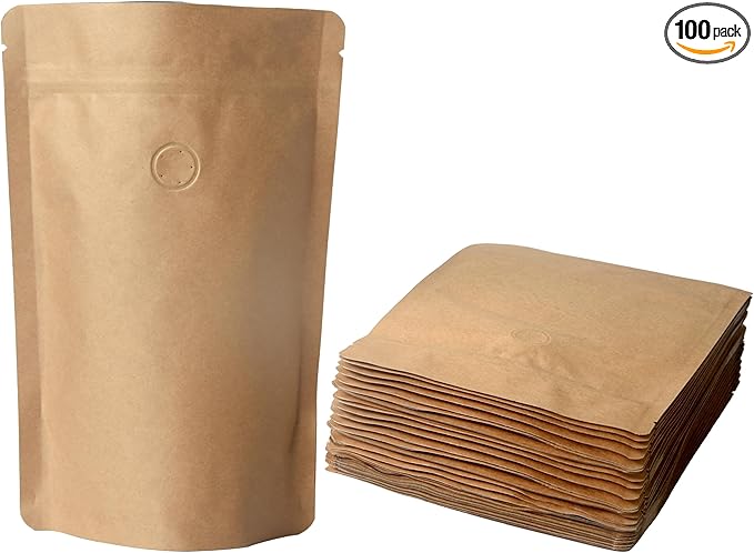 100 Pack Kraft Coffee Bags with Zipper Lock, High Barrier Resealable Stand Up Coffee Pouches, Degassing Valve for Coffee, Size for 4oz/ 100 Grams Beans or Grounded
