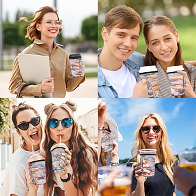 Reusable Iced Coffee Cup Sleeve Flowers Leaf Neoprene Insulated Sleeves Cup Holder with handle Idea for 16oz - 18oz