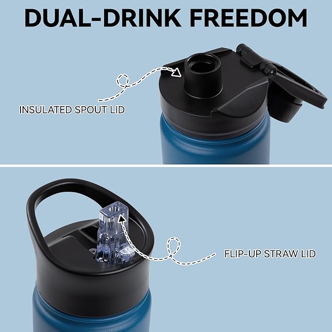 16 oz Insulated Water Bottle Bulk 4 Pack, Straw & Spout Lid, Keep Cold 24H, Spill Proof, BPA-Free, Double Wall, Stainless Steel Kids Water Bottles for School, Sports, Blue Black Gradient