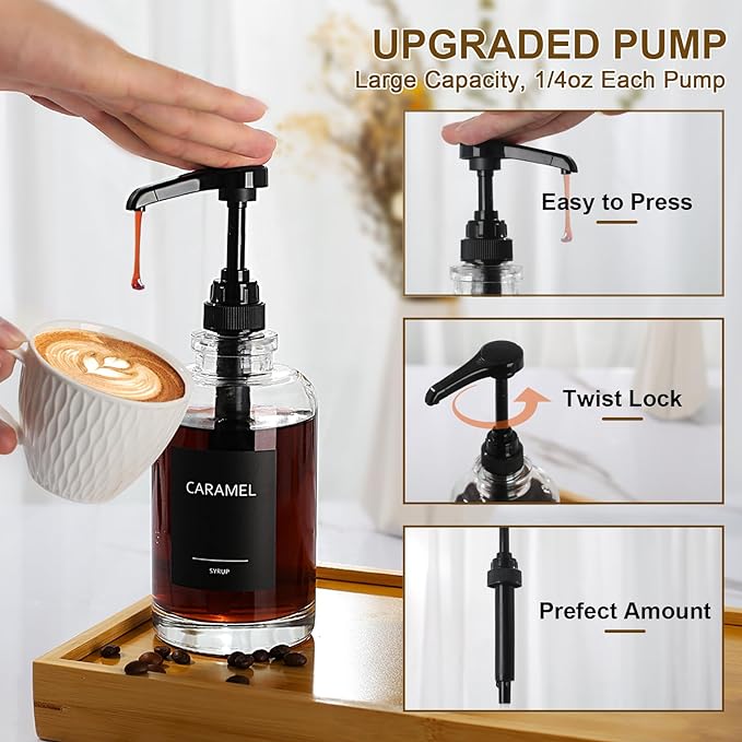Coffee Syrup Dispenser for Coffee Bar, Glass Syrup Dispenser with 1/4oz Large Capacity Pump, Coffee Syrup Pump Dispenser for Coffee Station, 16.9 fl oz Maple Syrup Bottles for Coffee Bar Organizer