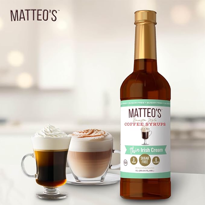 Matteo's Irish Cream Syrup for Coffee, Lattes, Cappuccinos & Desserts – Sugar-Free Sweetener for Beverages, Keto Friendly, Zero Calories, Indulgent Flavor, Non-Alcoholic, 33.8oz (1pk)