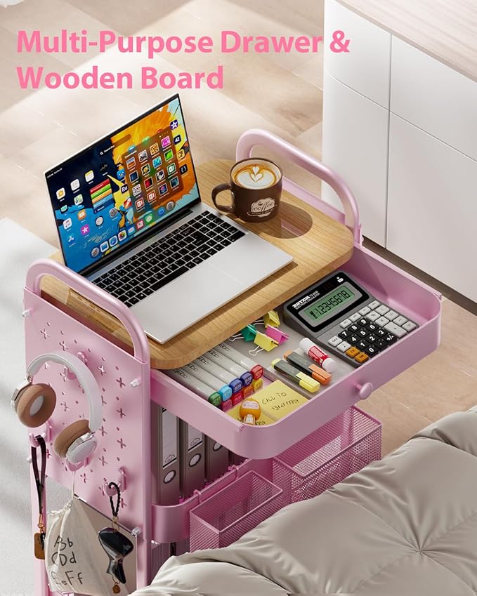 ALVOROG Rolling Cart with Drawer and Wood Table Top, 3 Tier Metal Rolling Utility Cart on Wheels with DIY Pegboards, Hanging Baskets,Hooks for Kitchen, Bedroom, Office, Craft Supplies