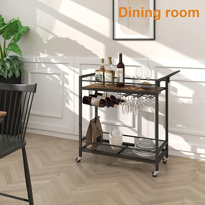 LAATOOREE Bar Cart, Two-Color Home Bar Serving Cart, Mobile Drink Beverage Cart with 2 Storage Shelves, Rolling Kitchen Cart with Wine and Glass Holder, for Dinning Room, Living Room, Kitchen