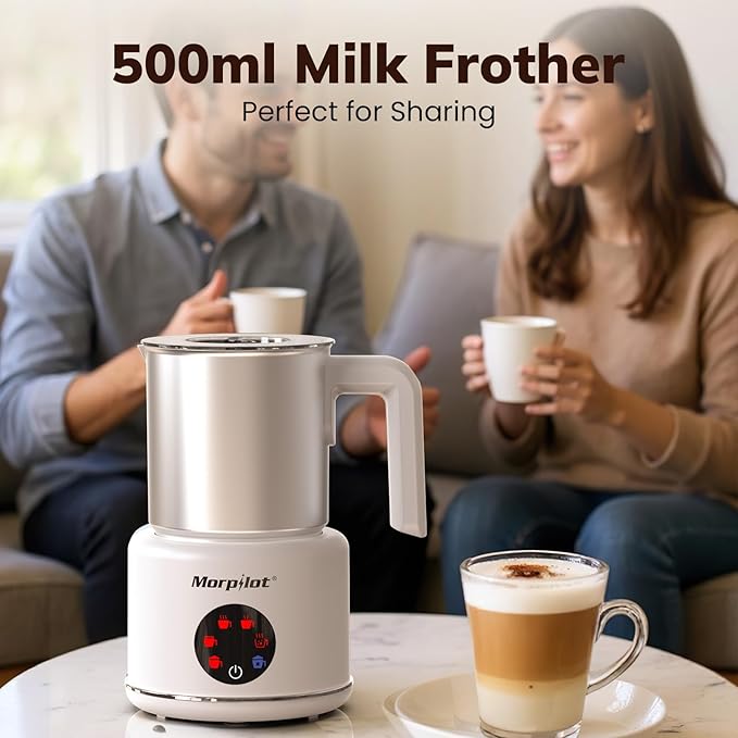 Large Electric Milk Frother and Steamer, 16.9oz/500ml Milk Steamer and Frother for Latte or Hot Chocolate, Dishwasher Safe, 6 Functions, Enjoy Perfect Milk Froth in 2 Min (White-Stainless Steel)