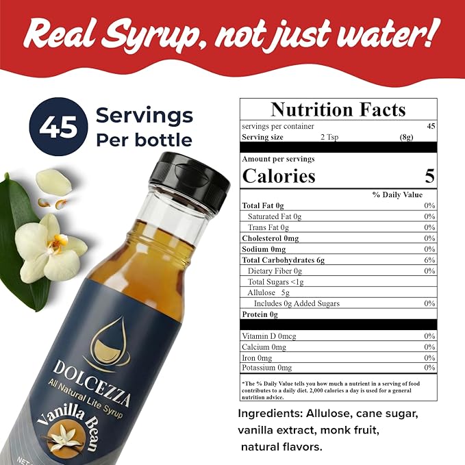 Dolcezza Vanilla Coffee Syrup – Allulose & Monk Fruit, Low Sugar, 45 Servings, 12 fl oz