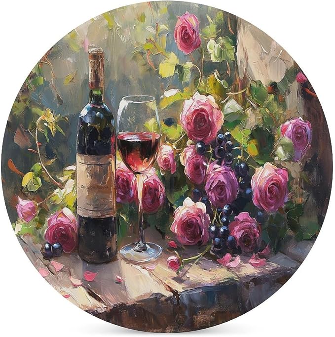 Round-6PCS Red Wine Drink Coasters, Round Modern Ceramic Absorbent Coasters, Oil Painting Vintage Red Wine Flower Grapes Rose Floral Decor Desk Coffee Table Coaster for Beverage Cup Tea Coasters