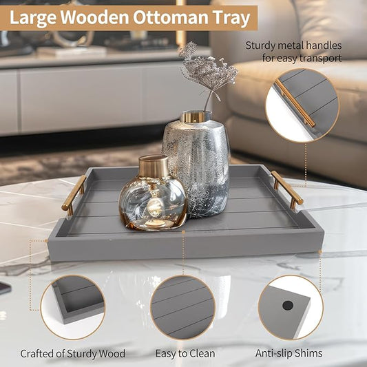 Wooden Serving Tray with 2 Sets of Handles,Large Ottoman Tray for Living Room, Rectangular Wood Tray for Coffee Table, Modern Farmhouse Kitchen Decor, 4 Round Coasters Included,Gray