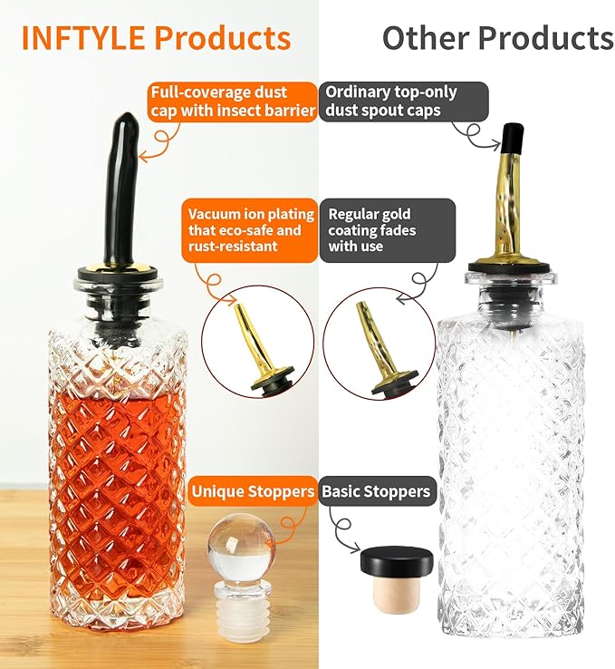 INFTYLE Coffee Syrup Dispenser Bottles Set 6 Pack 7 OZ, Simple Small Glass Syrup Bottles for Coffee Bar with Metal Pour Spout Ideal for Coffee Syrups, Honey