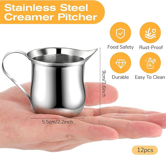 SHENLIU 12 Pack 3 oz Creamer Pitcher, Mini Stainless Steel Bell Creamers Espresso Pouring Cup Wide Mouth Pitcher with Pouring Spout for Milk Coffee Jam Sauces Syrup