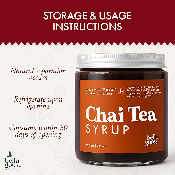 Bella Goose Chai Tea Syrup for Coffee (16oz) - Homemade Chai Tea Latte Syrup with Pure Cane Sugar, Vanilla & Spices - No Artificial Flavors, Oils or Dyes Syrups for Coffee Drinks, 32 Servings