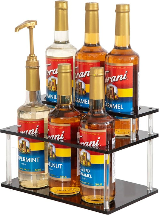 ODPEOZT Acrylic Coffee Syrup Organizer, 2 Tier Coffee Syrup Rack (6 Bottle Capacity), Syrup Bottle Holder Stand for Coffee Bar, Kitchen Countertop Syrups, Condiments and Wine (Black)