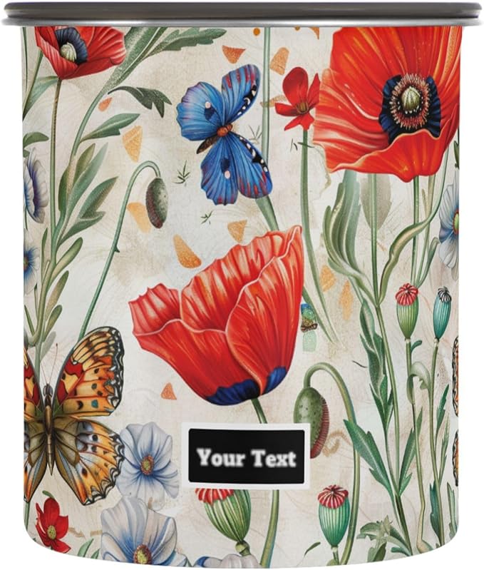 ALAZA Red Poppy Flowers Butterfly Airtight Coffee Bean Canister Customed 500ml Food Storage Containers with Lids For Gournd, Tea, Sugar, Flour, Rice, Cereal, Candy Cookie Jar