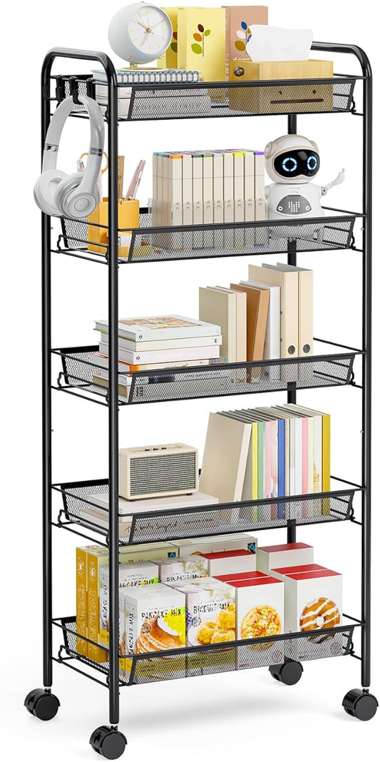 TOOLF 5-Tier Metal Utility Cart with 3 Hooks, Easy Assemble Mobile Storage Trolley On Wheels, Metal Shelving Units Kitchen Bathroom Laundry Room