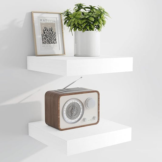 Marsmiles 6.7" Floating Shelves for Wall, Wooden Shelves with Invisible Brackets Set of 2, Rustic Farmhouse Wall Mounted Shelf for Kitchen Bathroom Living Room Study, White