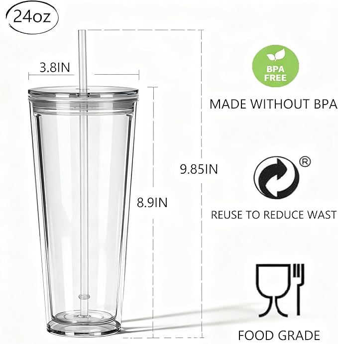 24oz Tumbler with Lid and Straw, Leak Proof and Double Wall Insulated Reusable Plastic Cups,Travel Reusable Iced Coffee Cup (2, Transparent)