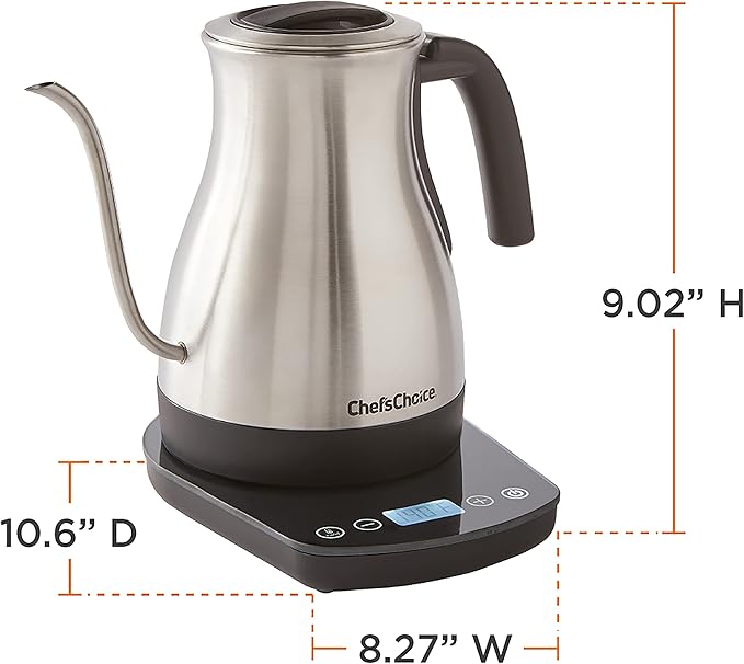 Chef'sChoice Electric Kettle Gooseneck Style Perfect for Pour-Overs Stainless Steel Construction 1200 Watts with Auto-Shutoff & Boil-Dry Protection, 1-Quart, Silver