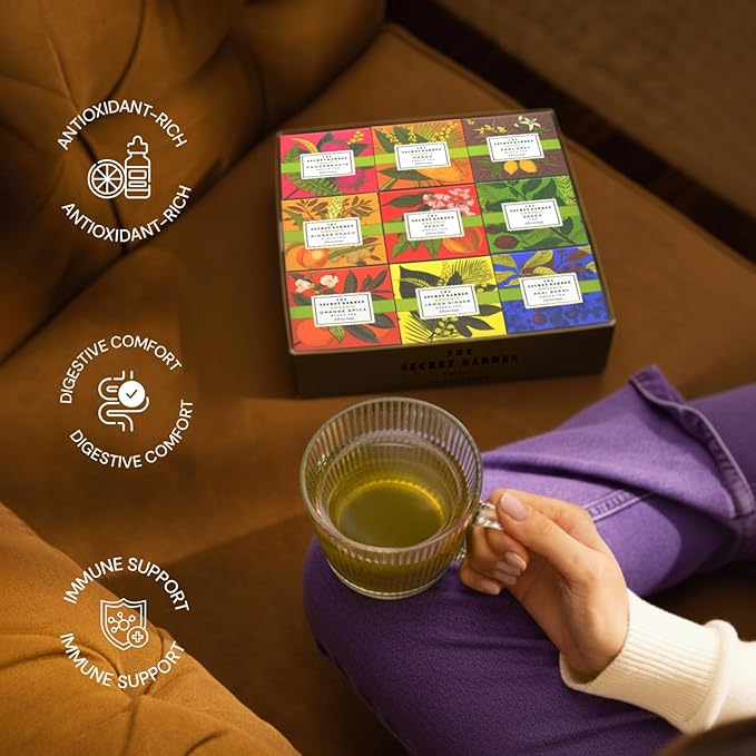 Life Plus Style Gourmet The Secret Garden 90 Tea Bags Tea Gift Set 9 Flavors Tea Set Organic Peach Pomegranate Mango Lemon Ginger Acai Berry Green Teas Orange Spice Ginger Peach Earl Grey Black Assorted Pack for Women