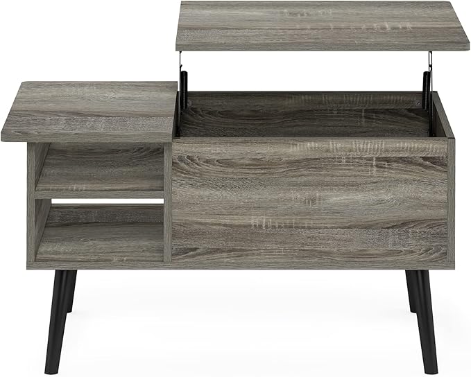 Furinno Jensen Living Room Wooden Leg Lift Top Coffee Table With Hidden Compartment and Side Open Storage Shelf, French Oak Grey