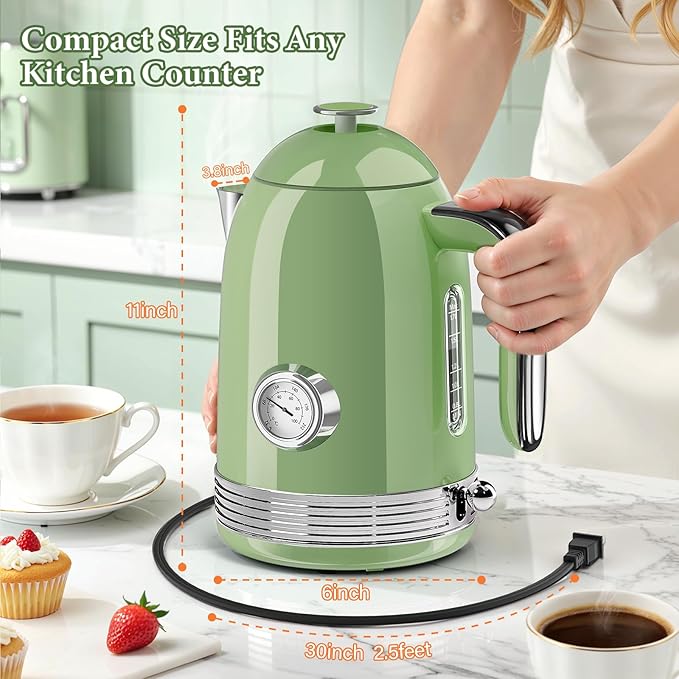 Electric Kettle - 1.7L Hot Tea Water Boiler with Thermometer, 1500W Fast Heating Stainless Steel Pot, Cordless LED Indicator, Auto Shut-Off & Boil Dry Protection, Retro Green