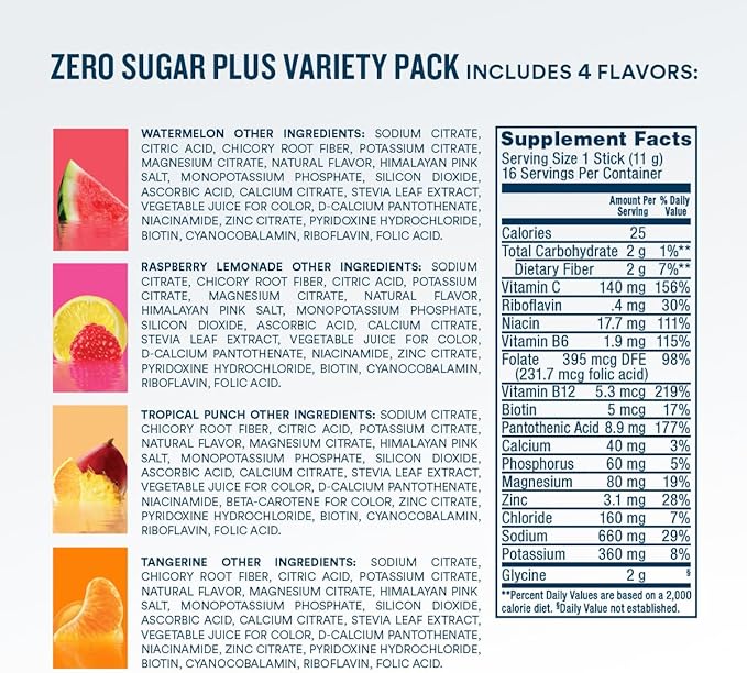 DripDrop Zero Sugar Plus - Sugar Free Hydration Packets- Single Serve Electrolytes Powder Drink Mix - Raspberry Lemonade, Watermelon, Tangerine, Tropical Punch - Non-GMO, Gluten Free, Vegan- 16 Sticks