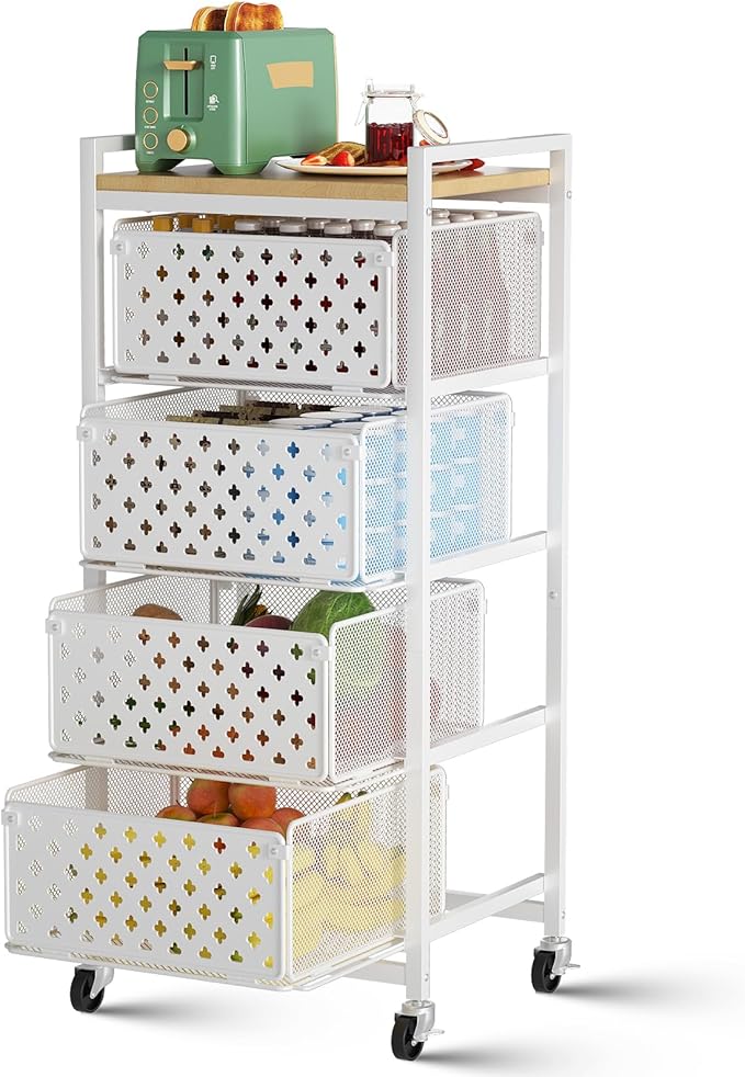 5 Tier Kitchen Storage Cart with Wheels, Utility Fruit Vegetable Storage Rack Stand with Pull-Out Baskets & Wood Top, Metal 4-Drawers Rolling Snack Cart, Kitchen Cart for Potato Onion(White)